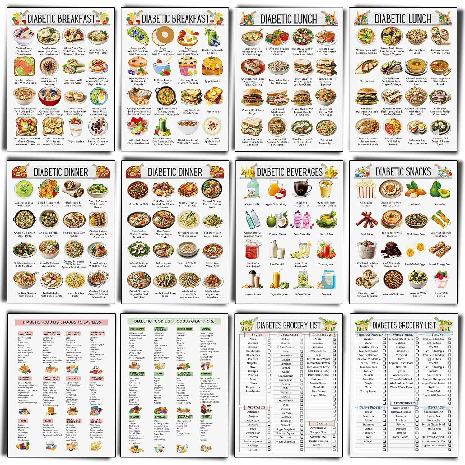 Food Snacks To Eat - 12pcs Diabetic Meal Planner Unframed Diabetes